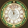 Happy New Year 2023. Poster with clock in a spruce wreath decorated with balls, bells, stars. Royalty Free Stock Photo